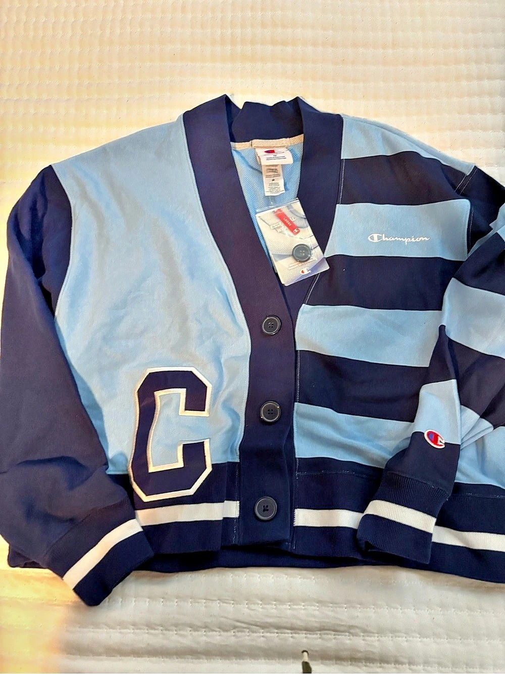 Champion Varsity Jacket Blue & White Striped Size Large NWT